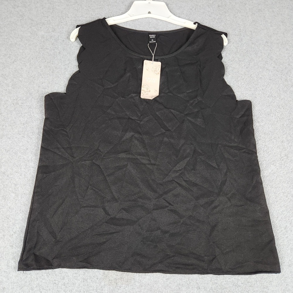 Emery Rose Tank Top Womens XL Black Crinkle Scalloped Sleeveless Keyhole Neck